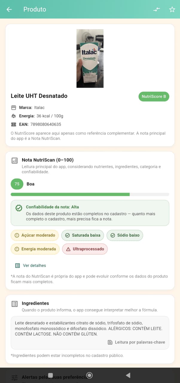 Tela da Nota NutriScan de um produto